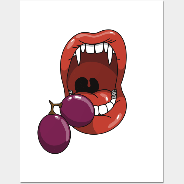 Mouth with vampire teeth about to take a bite into a purple grape Wall Art by Fruit Tee